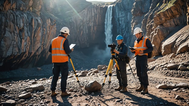Mining workers' activities, people measuring mining work photo