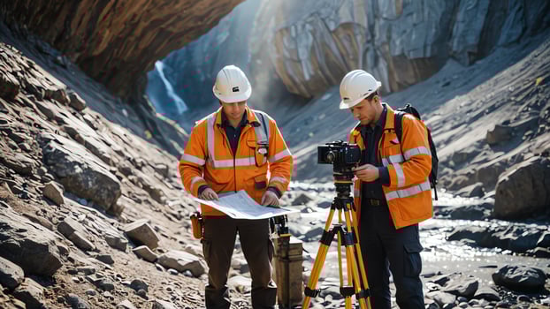 Mining workers' activities, people measuring mining work photo