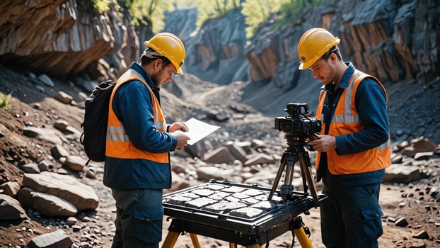 Mining workers' activities, people measuring mining work photo