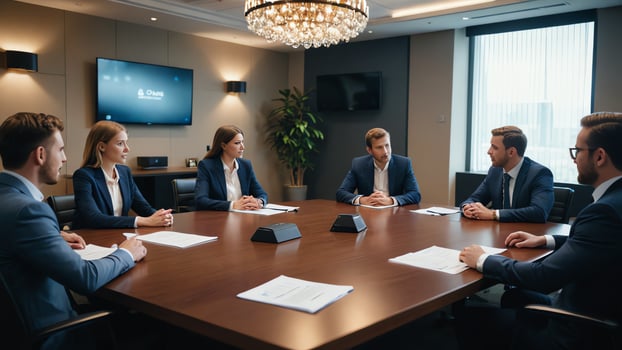 business people sitting around a conference table photo