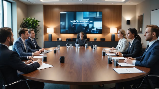 business people sitting around a conference table photo