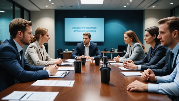 business people sitting at a table in an office photo