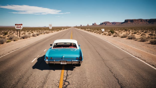 a convertible car driving down a desert road at sunset photo