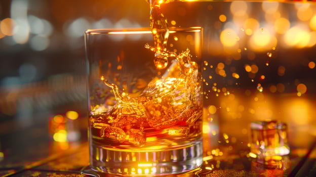 Whiskey Pouring into Glass with Bokeh Background photo