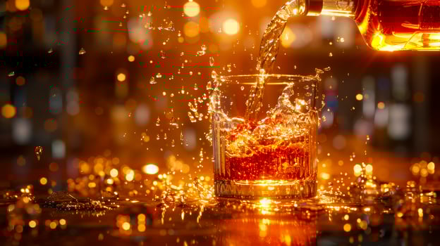 Whiskey Pouring into Glass with Bokeh Background photo