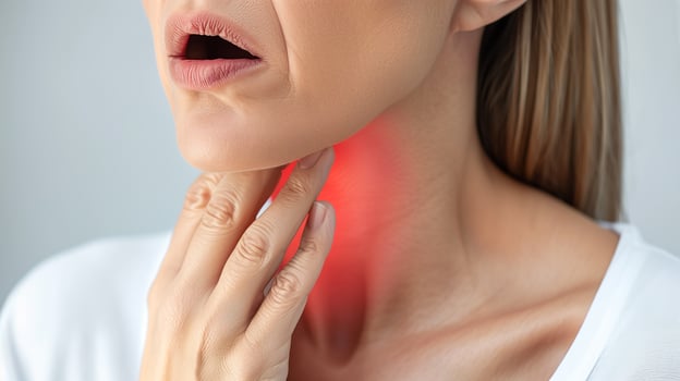 Thyroid grand control, woman suffering from throat problem. photo