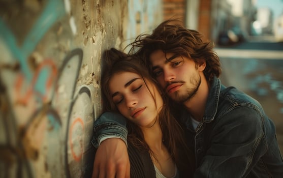Young lovers in a tender embrace against a colorful urban graffiti backdrop photo