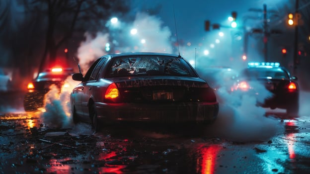 Rainy night car breakdown with emergency lights photo
