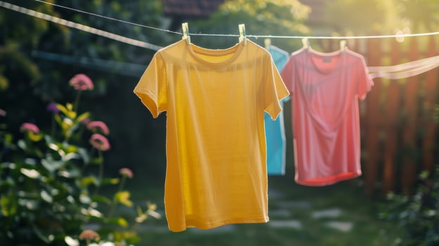 Three shirts of different colors hanging on a clothesline in the sunlight photo