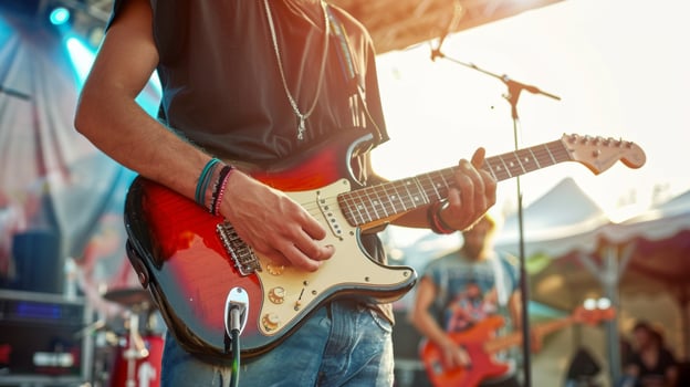 Hipster man wearing a blank black t-shirt mockup while playing guitar at a music festival photo