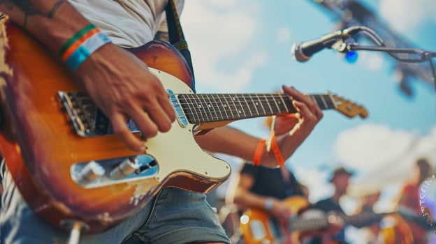 Hipster man wearing a blank black t-shirt mockup while playing guitar at a music festival photo