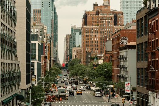 New York, US - May 7, 2023 - Busy street in New York downtown on a sunny day photo