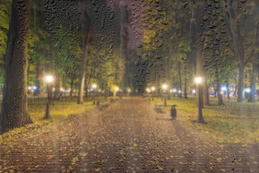 Night rainy park with yellow maple leaves, pavement and lanterns behind wet rainy glass in golden autumn. The concept of bad weather, change of season and leaf fall. Abstract landscape. photo