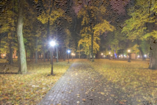 Night rainy park with yellow maple leaves, pavement and lanterns behind wet rainy glass in golden autumn. The concept of bad weather, change of season and leaf fall. Abstract landscape. photo