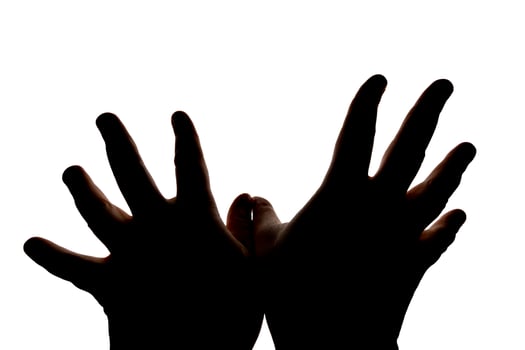 Silhouette of hands showing flying bird wings gesture isolated on white background. Blank for design. photo
