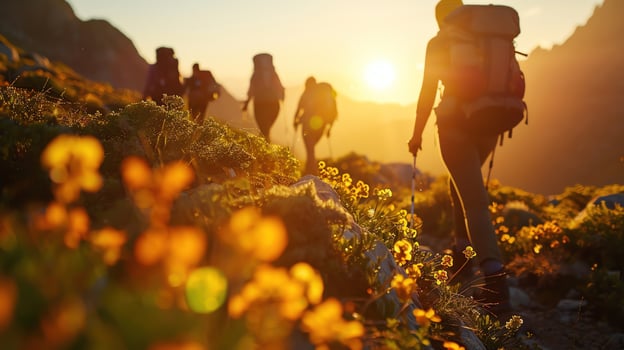 Hikers on flowerfilled mountain trail at sunrise, warm light, leading lines, group in midwalk, vibrant colors photo