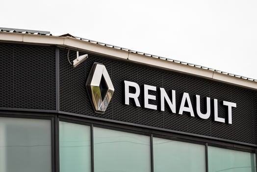 Russia, Kaluga - SEPTEMBER 29, 2020 Metallic Renault logo on a roof of a dealership. photo