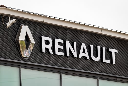 Russia, Kaluga - SEPTEMBER 29, 2020 Metallic Renault logo on a roof of a dealership. photo