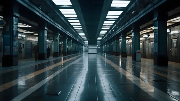 Blue Lit Underground Transit Hub, metro train station, A Modern Approach to Commuting photo