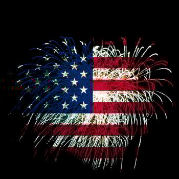 Concept of celebrating Independence Day in United States of America. USA national flag with fireworks backdrop for 4th of July. photo