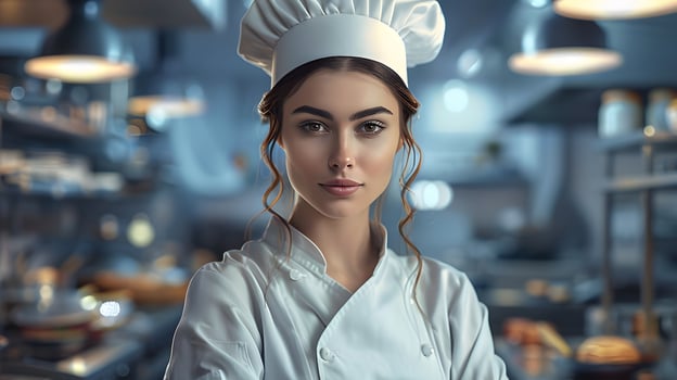Beautiful female chef in uniform in a restaurant kitchen. Neural network photo