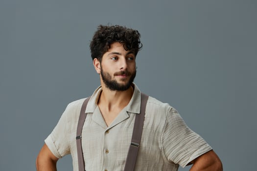 Handsome man attractive isolated young model studio portrait background beard casual adult happy photo