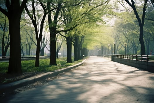Tranquil Pathway through Green Forest. Scenic Landscape in Autumn with Misty Morning photo