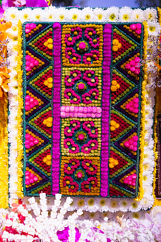 backdrop of beautifully arranged flower and bright colors is backdrop for flower in beautifully arranged garden at flower festival. Beautiful colorful background with Copy Space for inserting text. photo