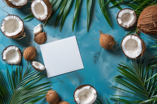 Paper Surrounded by Coconuts on Blue Background photo