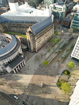 High Angle View of Greater Manchester City Centre Buildings During Beautiful Sunny day over England UK. May 5th, 2024 photo