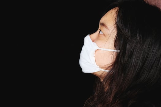Asian Thai woman wearing a white cloth mask for prevent the Covid-19 or Corona virus and Air Pollution Value Pm 2.5 in Thailand and Epidemic disease around the world. Health and illnes Concept photo