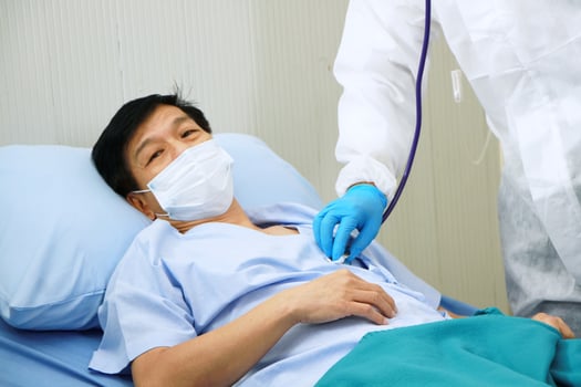 Medical team in Personal Protective Equipment or PPE clothing and use a respirator for asian old man patient is Respiratory system infected with Covid 19 virus and research with tablet for treatment. photo