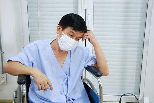 Asian Old man Wearing a mask to prevent disease and Covid 19 is sitting on wheelchair Sick and seriously ill in Hospital. Healthcare and Elderly society Concept photo