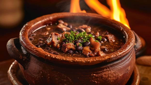 A traditional clay pot holds a treasure trove of Brazilian Feijoada its dark broth revealing tender pork and plump black beans. As the flames dance in the background the dis photo