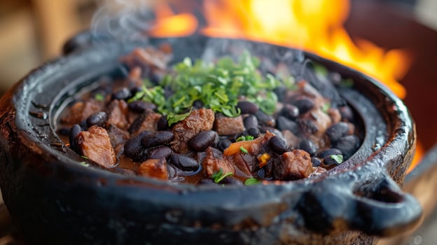 The intense aroma of slowcooked pork and black beans fill the air as a traditional Brazilian Feijoada simmers over an open flame. The deep earthy flavors of this dish combin photo