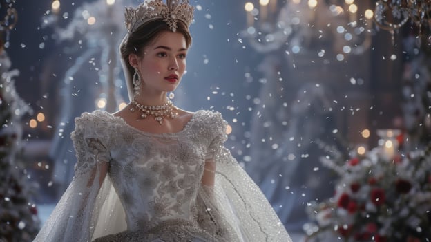 A shimmering white and silver ballgown embellished with delicate lace evoking the image of a snowcovered palace. The queen wears a crown of crystals and pearls embracing he photo