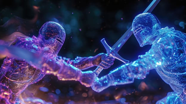 A closeup of two holographic pawns engaged in a heated clash their swords raised high photo