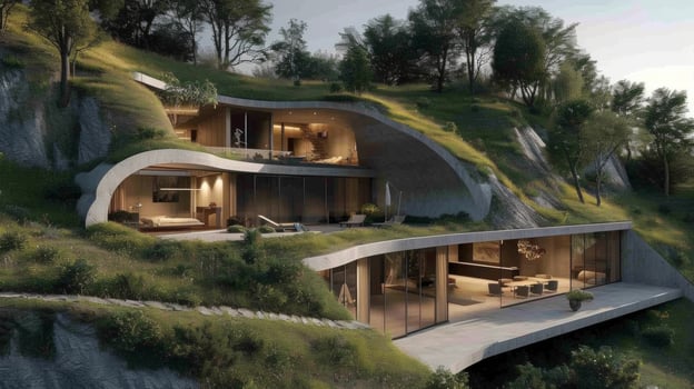 Built into a steep hillside this fully underground home offers stunning views of the surrounding landscape. The use of natural materials and strategic placement of window photo
