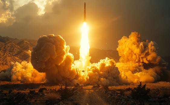 Rocket takes off into the sky. The elements of this image were furnished photo
