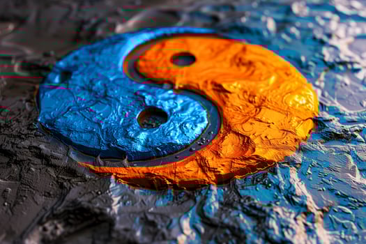 A close up of a blue and orange yin sign on a piece of foil photo