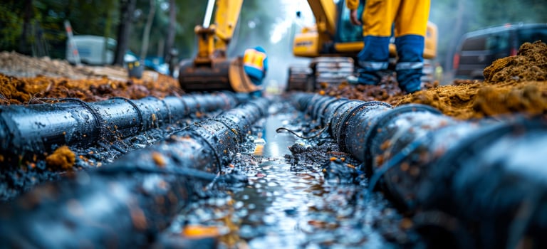 Workers are repairing the pipeline. large number of plastic pipes are lying on the ground. photo
