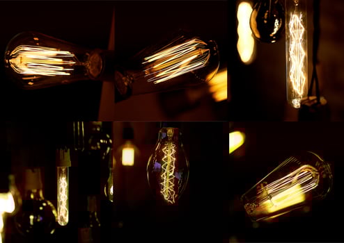 Collage. Light and lighting.Edisson's retro lamp. Warm orange light. photo