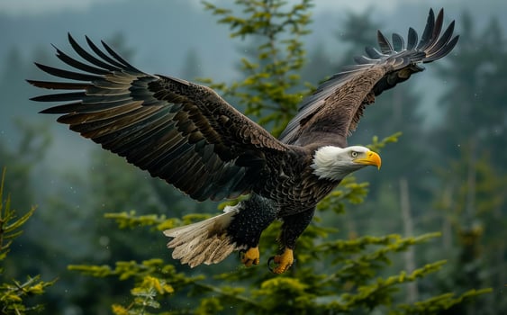 Bald Eagle flying in the rain with wings spread. A bald eagle flying in the air photo