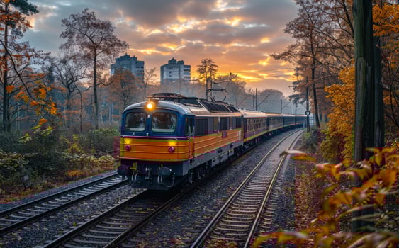 Passenger train moving through the forest at autumn sunset time. photo