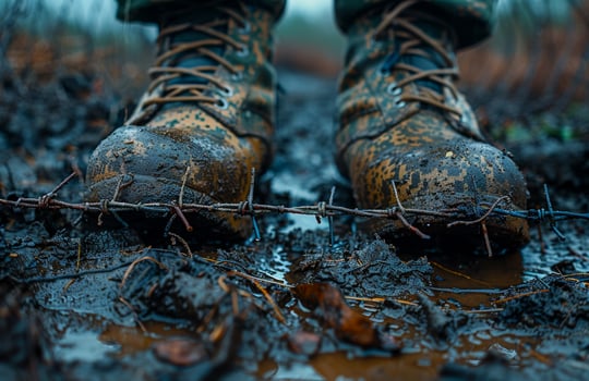 Hiker boots walking in the mud. Close-up on soldier boots photo