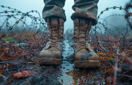 Pair of military boots. Close-up on soldier boots photo
