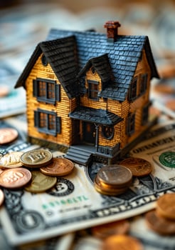 House sits on top of pile of money. Family and insurance concept photo
