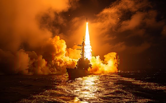 Military navy ship in sea at night under cover of darkness and missile launching photo