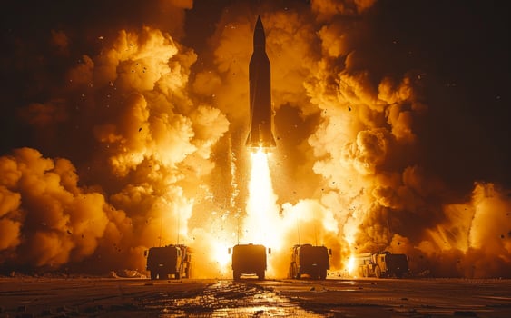 Rocket takes off into the sky. The elements of this image were furnished photo