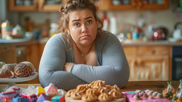 A fat woman sits upset in front of the table full of unhealthy products photo